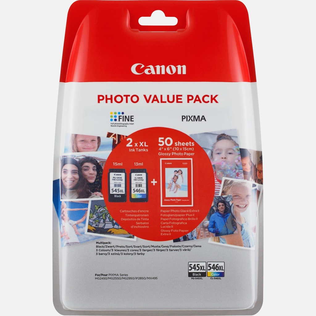 CANON 4x6 Photo Paper (GP-501 50 sheets) + XL Black &amp; XL Colour Cartridges | PG-545XL/CL-546XL